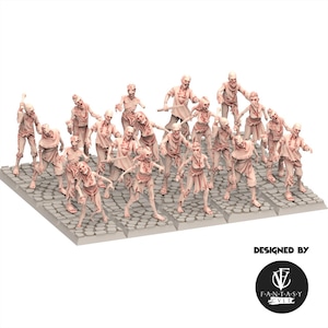 Peut inclure: Un groupe de figurines de zombies pâles avec des vêtements déchirés, posées sur une base en pavés. Certaines figurines tiennent des armes. Les mots "DESIGNED BY" et un logo "FANTASY CVLT" sont visibles.