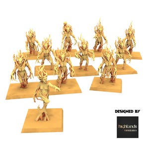 May include: A collection of miniature fantasy figures, primarily in a light tan color. The figures depict humanoid creatures with flame-like hair and intricate, textured bodies. Each figure is mounted on a small, square base.