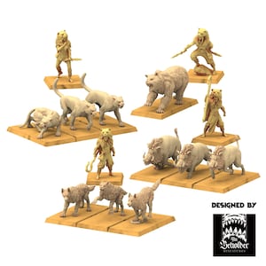 Peut inclure: Ensemble de figurines miniatures représentant des personnages et des créatures fantastiques. L'ensemble comprend des figurines de guerriers avec des coiffes d'animaux, des ours, des sangliers et diverses créatures félines. Les figurines sont posées sur des plateformes individuelles de couleur beige.
