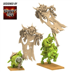 Puede incluir: Dos figuras en miniatura sin pintar de Avatars of War. Una figura es un orco verde sobre una montura que sostiene un gran estandarte andrajoso con calaveras. La segunda figura es un orco verde más pequeño a pie con un estandarte similar sobre bases rectangulares.