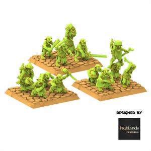 Peut inclure: Ensemble de figurines miniatures fantastiques vert citron, chacune posée sur une base carrée beige. Les figurines sont dans diverses poses d'action, certaines tenant des armes. Les bases ont une texture de pavés. Le texte "DESIGNED BY" et un logo sont en bas à droite.
