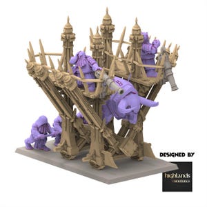 May include: A miniature fantasy siege engine model with a wooden frame and purple figures. The model features a bull-like creature and is designed for tabletop gaming. The text "DESIGNED BY" and the Highlands Miniatures logo are visible.