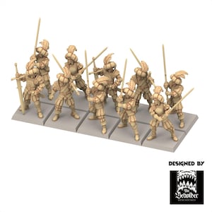 May include: A set of ten unpainted beige miniature figurines depicting soldiers in Renaissance-style armour, each wearing a feathered hat and holding a long sword. The figures are arranged in two rows on square bases. Text reads: DESIGNED BY The Beholder Miniatures.