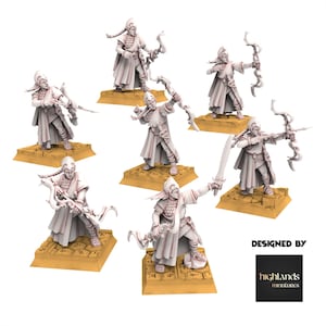 May include: Six unpainted miniature figures of elves with bows and arrows, standing on square bases. The figures are posed in various action poses, and the bases are decorated with a pattern of squares. The figures are designed by Highlands Miniatures.