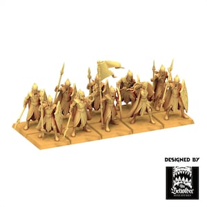 May include: A group of miniature fantasy figures, possibly for tabletop gaming. The figures are in armour and carry weapons like spears, shields, and a banner. The colour scheme is mainly tan and gold, with detailed armour and weaponry. The base is a light brown.