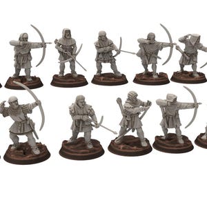 May include: A set of miniature archer figurines, each posed with a bow and arrow. The figures are light grey and stand on brown circular bases. The archers are dressed in medieval-style clothing, suitable for tabletop gaming.
