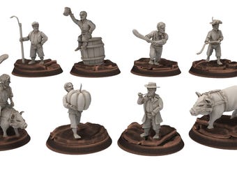 May include: A collection of eight unpainted miniature figurines depicting various scenes. Figures include a man with a staff, a man on a barrel, a man with a bat, a man with a scythe, a man riding a pig, a man with a pumpkin, a man with a pipe, and a pig with a harness.