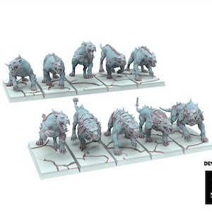 May include: A set of 10 miniature, blue and red, fantasy creature figures. The figures are of a wolf-like creature with sharp teeth and claws. The figures are posed in a variety of dynamic stances. The figures are designed by The Beholder Miniatures.