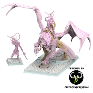 May include: A light pink and tan fantasy miniature set featuring a winged creature with a rider and a separate standing figure. Both figures are mounted on rectangular bases with a cracked stone texture. The text DESIGNED BY CLAYBEASTCREATION is visible.