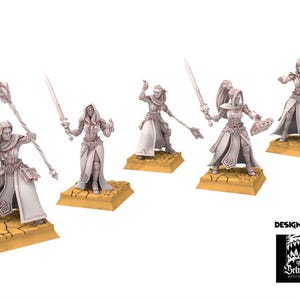 May include: A collection of five unpainted miniature fantasy figures, each standing on a square base. The figures are dressed in robes and armor, holding weapons and magical staffs. The figures are designed by The Beholder Miniatures.