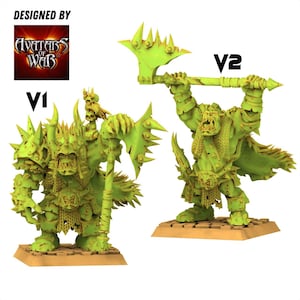 May include: Two green Orc warrior miniatures, labelled V1 and V2, are displayed on square bases. The figures are highly detailed, featuring spiky armour, weapons, and fierce expressions. The Avatars of War logo is in the upper left corner.