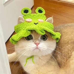 Handmade Crochet Green Frog Hat for Cats, Cute Animal Pet Costume, Funny Cat Outfit, Small Dog Hat, Cozy Pet Accessories Knitted Hat For Pet