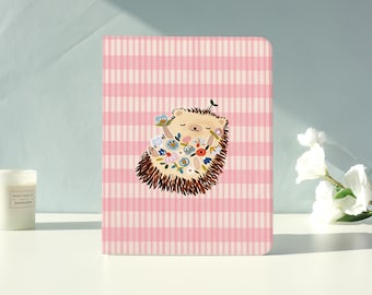 Floral Pink Hedgehog iPad Case for iPad Air 7/6/5,iPad Pro,iPad Mini,iPad Case With Auto Wake/Sleep,Customized iPad Case,Gift for friend