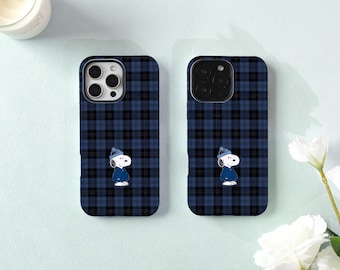 Blue Plaid Snoopy iPhone Case,Two-in-One iPhone Protective Case iPhone 17/16/15/14/13/12 Basic/Pro/Mini/Pro Max,Magsafe Case For iPhone