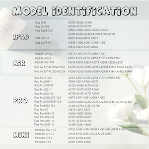 May include: A white chart titled "Model Identification" lists model numbers for various iPad, iPad Air, iPad Pro, and iPad Mini devices. The chart is organized by device type and model year.