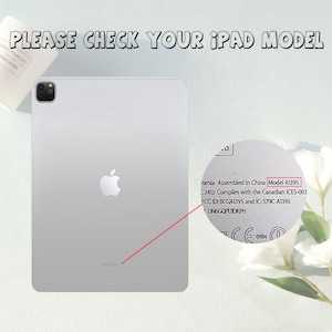 May include: Silver iPad Pro with the Apple logo. The text "PLEASE CHECK YOUR iPAD MODEL" is at the top. A close-up shows the model number A1395. White flowers and a candle are in the background.