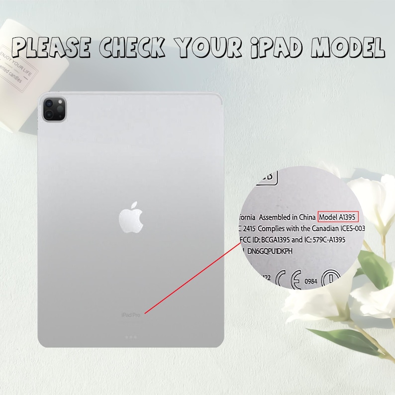 May include: Silver iPad Pro with the Apple logo. The text "PLEASE CHECK YOUR iPAD MODEL" is at the top. A close-up shows the model number A1395. White flowers and a candle are in the background.