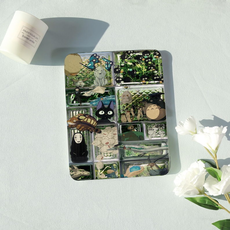 May include: A decorative resin tray featuring a collage of anime characters and scenes. The tray is divided into multiple compartments, each showcasing a different character or element from the anime. The tray is rectangular with rounded corners.