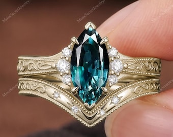 Vintage Marquise Cut Teal Sapphire Engagement Ring Sets Solid Gold Ring 6 Prongs Milgrain Cluster Engraved Promise Ring For Her Fine Jewelry