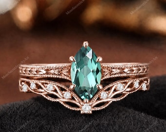 Anel de Noivado Vintage com Safira Verde Lapidada em Marquise, Anel em Ouro Rosa com Folha de Trigo, Inspirado na Natureza, Anel Solitário com Filigrana de 6 Garras para Ela
