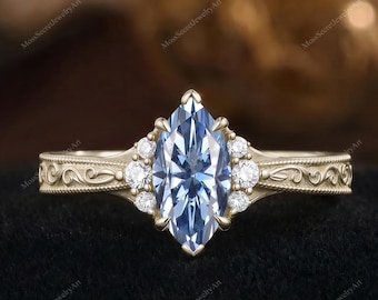 Verlovingsring vintage marquise geslepen blauwgrijze moissaniet massief gouden ring 6 rieken Milgrain cluster gegraveerde beloftering verjaardagscadeaus