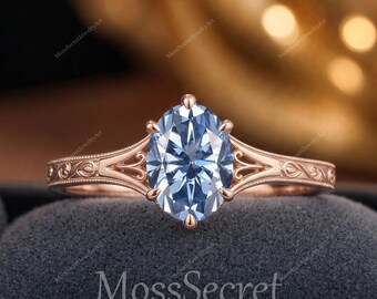 Bague de fiançailles vintage en moissanite ovale bleu gris feuille d'or rose massif 6 griffes bague de promesse solitaire millegrain pour elle, bijoux faits main