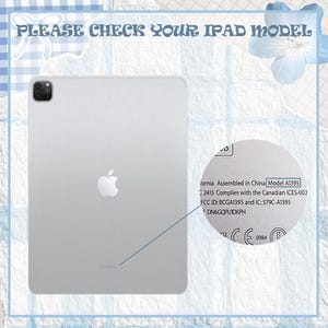 May include: Silver iPad Pro with the Apple logo, and the text "PLEASE CHECK YOUR IPAD MODEL". A sticker shows the model number A1395. The background is a light blue floral pattern.