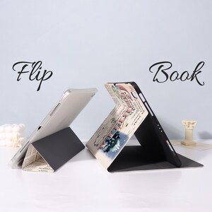 May include: Two tablet cases, one open and one closed, with a vintage travel-themed design. The open case displays a colorful illustration, while the closed case shows a newspaper-style print. The words "Flip" and "Book" are written above the cases.