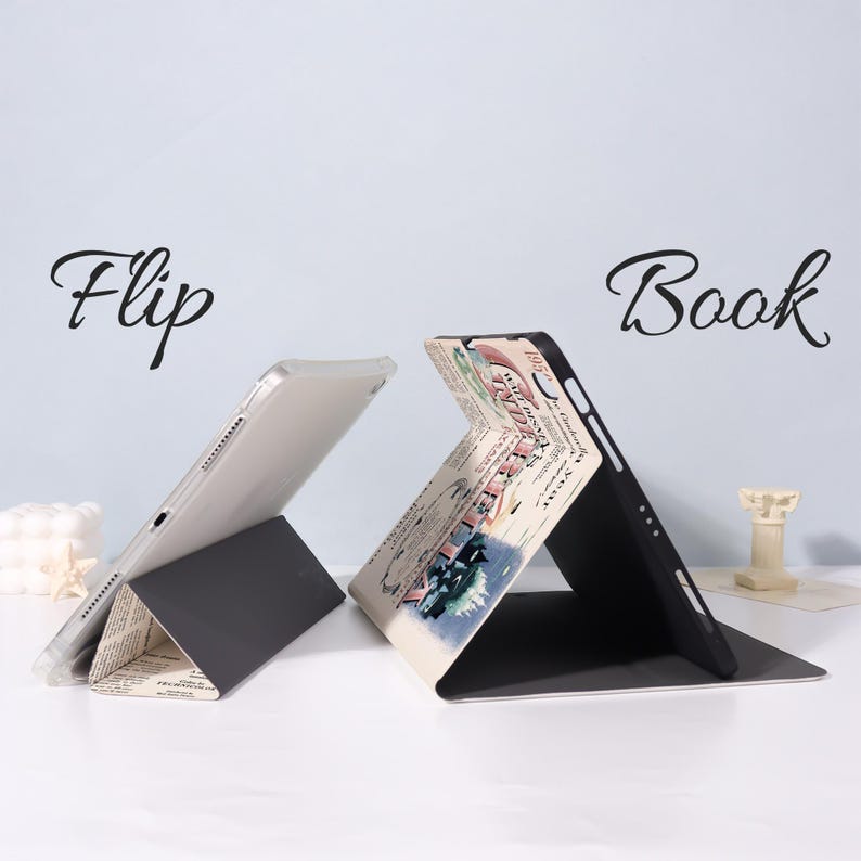 May include: Two tablet cases, one open and one closed, with a vintage travel-themed design. The open case displays a colorful illustration, while the closed case shows a newspaper-style print. The words "Flip" and "Book" are written above the cases.