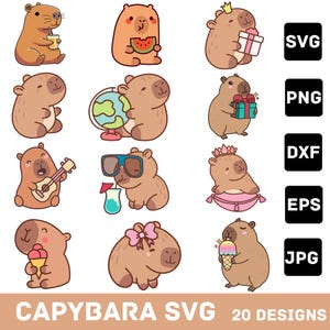 Niedliche Capybara SVG Bundle, sofortiger digitaler Download für Cricut & Silhouette, digitale Aufkleber, süße Capybara PNG, Kawaii Tier Illustration