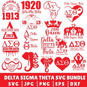 Könnte beinhalten: Eine Sammlung roter Delta Sigma Theta SVG-Grafiken. Die Designs umfassen verschiedene Logos, Symbole und Textelemente wie "1913", "Delta Sigma Theta" und "Zeta Phi Beta". Das Bundle enthält SVG-, JPG-, PNG-, EPS- und DXF-Dateiformate.