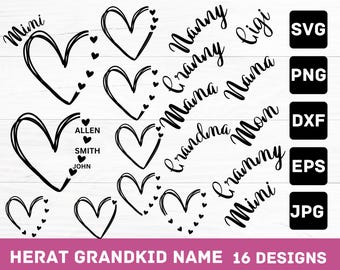 Custom Heart Grandkid Names SVG Bundle: Grandma/Grandpa Gift (Digital Download)
