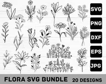Archivo de corte botánico Svg Bundle, floral, flor, hoja, hojas, clipart botánico dibujado a mano estilo doodle SVG, PNG, EPS, para Cricut