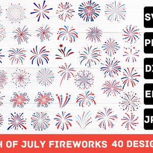 Può includere: Una collezione di 40 design di fuochi d'artificio del 4 luglio in rosso, bianco e blu. L'immagine include vari scoppi di fuochi d'artificio e scoppi di stelle, insieme a icone di tipo di file per SVG, PNG, DXF, EPS e JPG. Il testo in basso recita "4TH OF JULY FIREWORKS 40 DESIGNS."