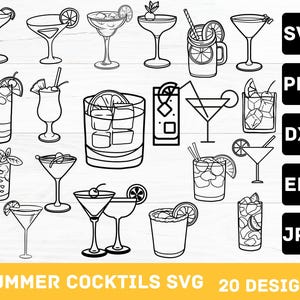 Hand Drawn Cocktails SVG, Signature Cocktail Clipart, Drink Illustrations SVG, Line Wedding Cocktails PNG, Wedding Drink Menu