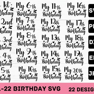 May include: A digital design set with birthday-themed text graphics. The designs include phrases like "My 1st Birthday" through "My 20th Birthday," along with file type icons. The text is in a black, handwritten style with heart accents.