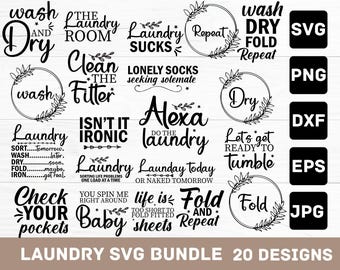 Pacchetto SVG di cartelli per lavanderia: 20 divertenti design (download digitale)