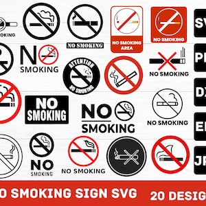 Pode incluir: Uma coleção de sinais de "Proibido fumar" em vários designs. Os sinais apresentam um cigarro com uma linha vermelha, em preto e branco e em esquemas de cores vermelho e branco. A imagem também inclui etiquetas de tipo de arquivo como SVG, PNG, DXF, EPS e JPG.