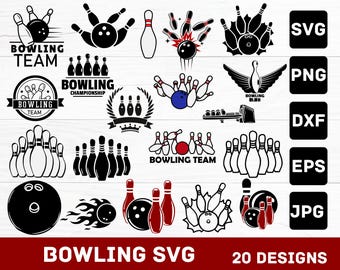 May include: A collection of 20 bowling-themed SVG designs in black and white, with some designs featuring red and blue accents. The designs include bowling pins, bowling balls, and text that says "Bowling Team" and "Bowling Championship". File formats include SVG, PNG, DXF, EPS, and JPG.