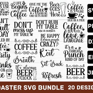 Puede incluir: Un conjunto de 20 diseños de posavasos con citas sobre café y cerveza en texto negro. Frases como "El café es mi lenguaje de amor" y "Siempre es hora de cerveza". Disponibles en formatos SVG, PNG, DXF, EPS y JPG. Ideal para el hogar.