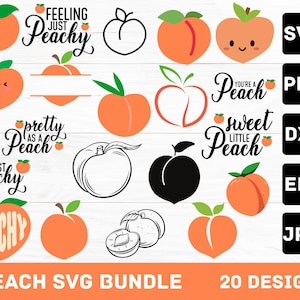 May include: A collection of peach-themed SVG designs. The image features various peach illustrations, including whole peaches, peach halves, and outlines. Text elements include phrases like "Feeling Just Peachy" and "Sweet Little Peach". File type icons are also present.