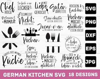 May include: A collection of 18 German kitchen-themed SVG designs in black and white. The designs feature various phrases and kitchen utensils, including a chef's hat, spoons, forks, and knives. The text includes phrases like "Chef Koch" and "Kochen macht glücklich!"