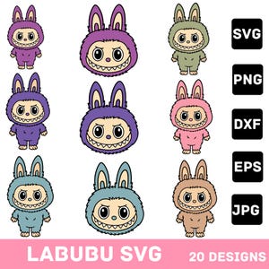Labubu ontwerpt SVG-bundel, Labubu clipart, Labubu PNG, schattige Labubu vector, stripfiguur SVG, Cricut gesneden bestanden, digitale download
