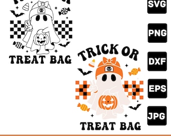 Può includere: Due design a tema Halloween con un fantasma che tiene in mano una zucca e delle caramelle, con la scritta "TRICK OR TREAT BAG". Un design è in bianco e nero, l'altro in arancione e bianco. Include i formati di file SVG, PNG, DXF, EPS e JPG.
