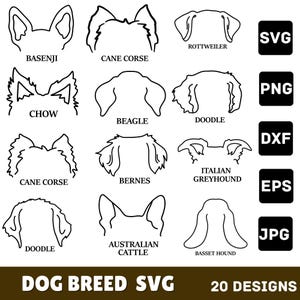 Dog Breed Ears SVG | Hand Drawn | Dog ears outline bundle | Svg Clipart bundle | Line art | Tattoo Design | PNG bundle | Commercial Use