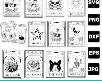 May include: A collection of black and white tarot card designs. Each card features unique illustrations, including skulls, celestial bodies, and botanical elements. The text "TAROT CARDS SVG 20 DESIGNS" is at the bottom, with file type icons on the right.