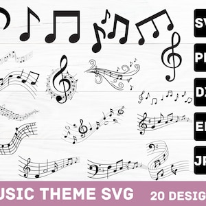 Può includere: Note musicali e pentagrammi neri in vari design, tra cui crome, semiminime e chiavi di violino. L'immagine include anche icone di tipo di file per SVG, PNG, DXF, EPS e JPG. Il testo in basso recita "MUSIC THEME SVG 20 DESIGNS."