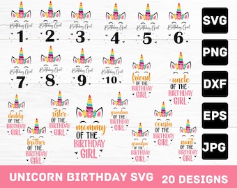 May include: A collection of 20 unicorn-themed SVG designs for birthday celebrations. Designs include unicorn faces with numbers 1-10, and phrases like "friend", "uncle", "sister", and "mommy" of the birthday girl. The designs are in SVG, PNG, DXF, EPS, and JPG formats.