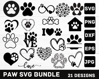 Pacchetto SVG con impronte di zampe: 21 disegni di zampe di cane e gatto (download digitale)