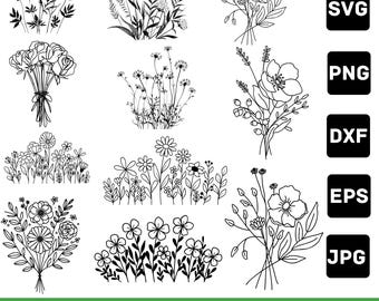 May include: Black and white wildflower SVG designs. The image features various floral arrangements, including bouquets and individual flower illustrations. The text "WILDFLOWER SVG" is displayed at the bottom, along with "25 DESIGNS". Formats include SVG, PNG, DXF, EPS, and JPG.